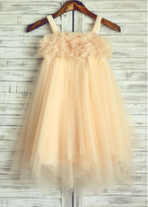 Thin Straps Pearl Champagne Tulle Flower Girl Dress